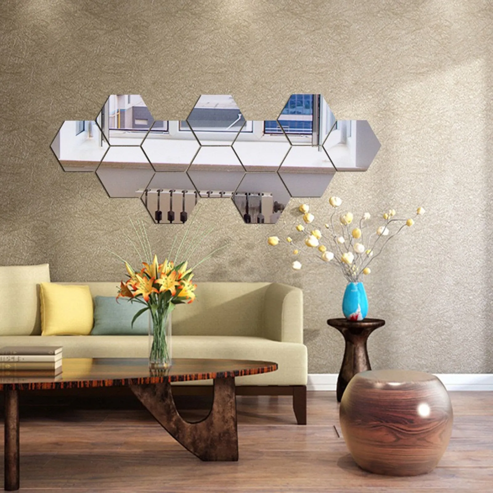 12PCS Hexagon Mirror Wall Stickers