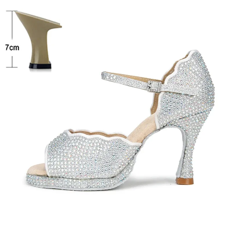 All Diamond Shining Latin Dance Shoes Women's Party Dancing Sandals Summer High Heel Jazz Tango Waterproof