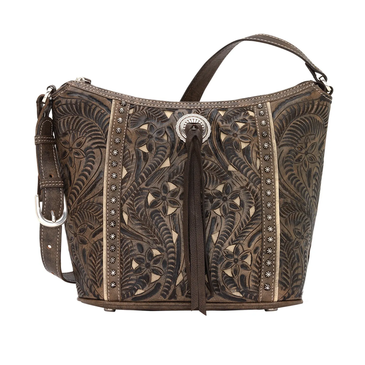 American West Womens Hill Country Distressed Charcoal Brown Leather Handbag Bag