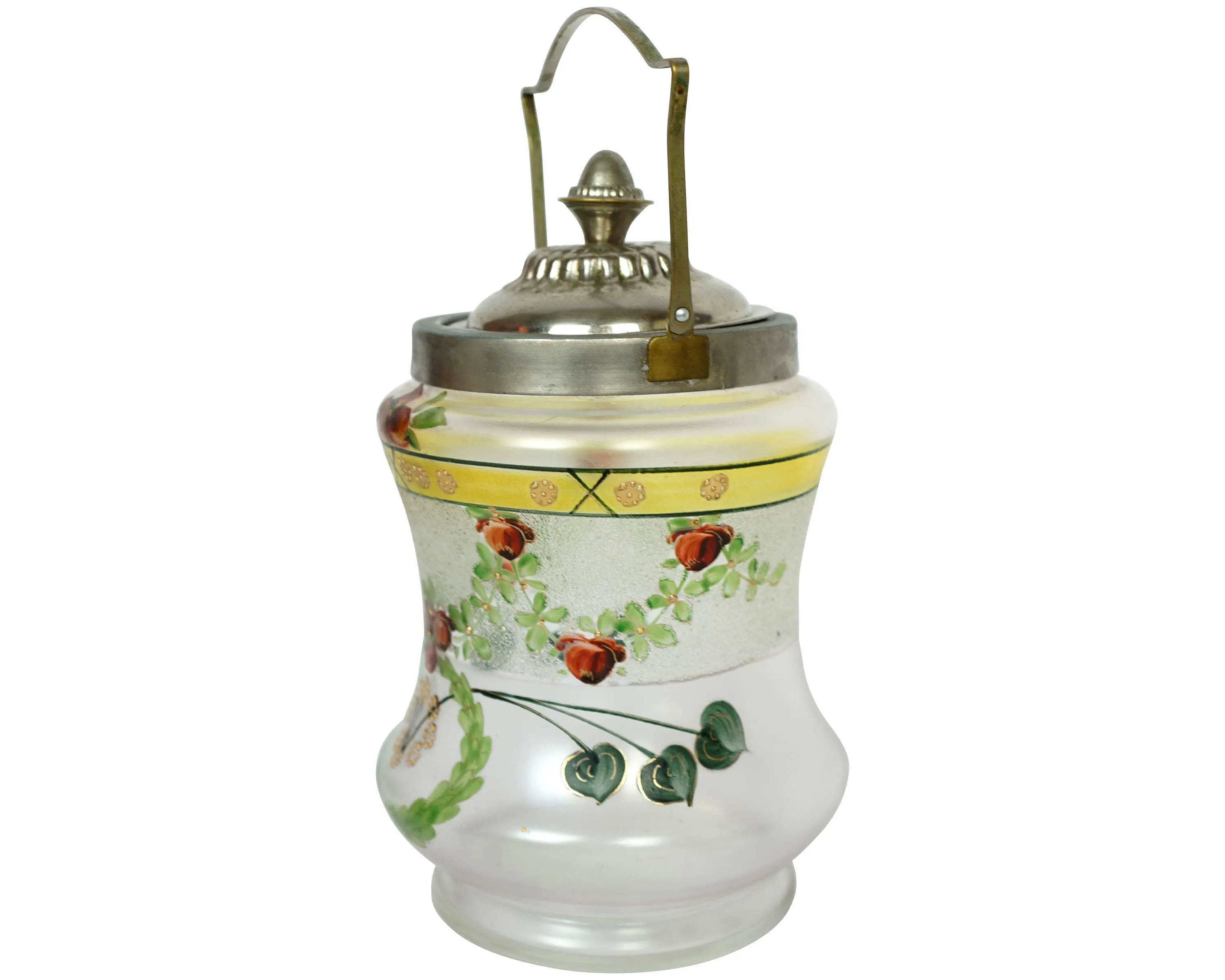 Antique Satin Glass Biscuit Barrel Floral Painted Cookie Jar