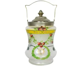 Antique Satin Glass Biscuit Barrel Floral Painted Cookie Jar