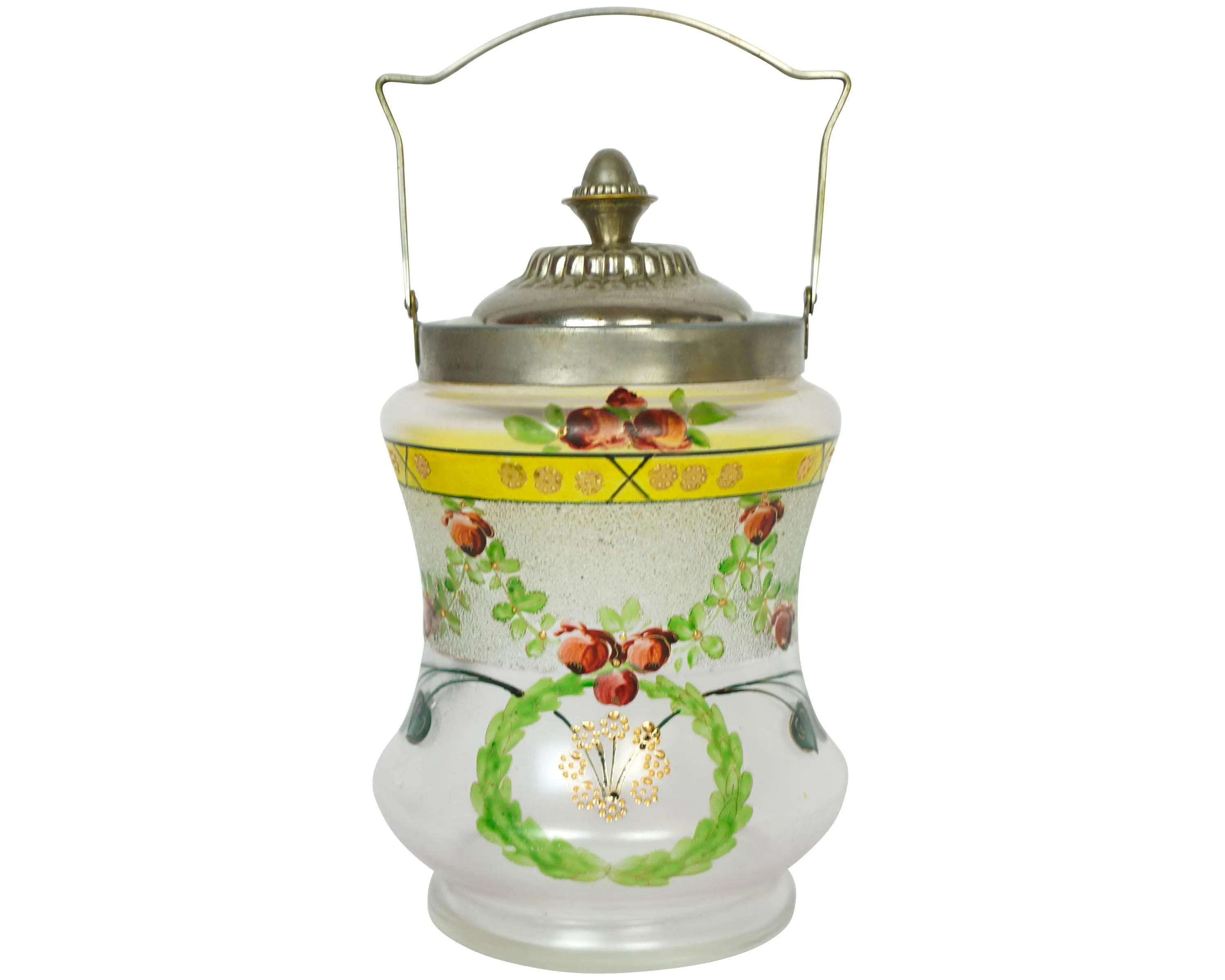 Antique Satin Glass Biscuit Barrel Floral Painted Cookie Jar