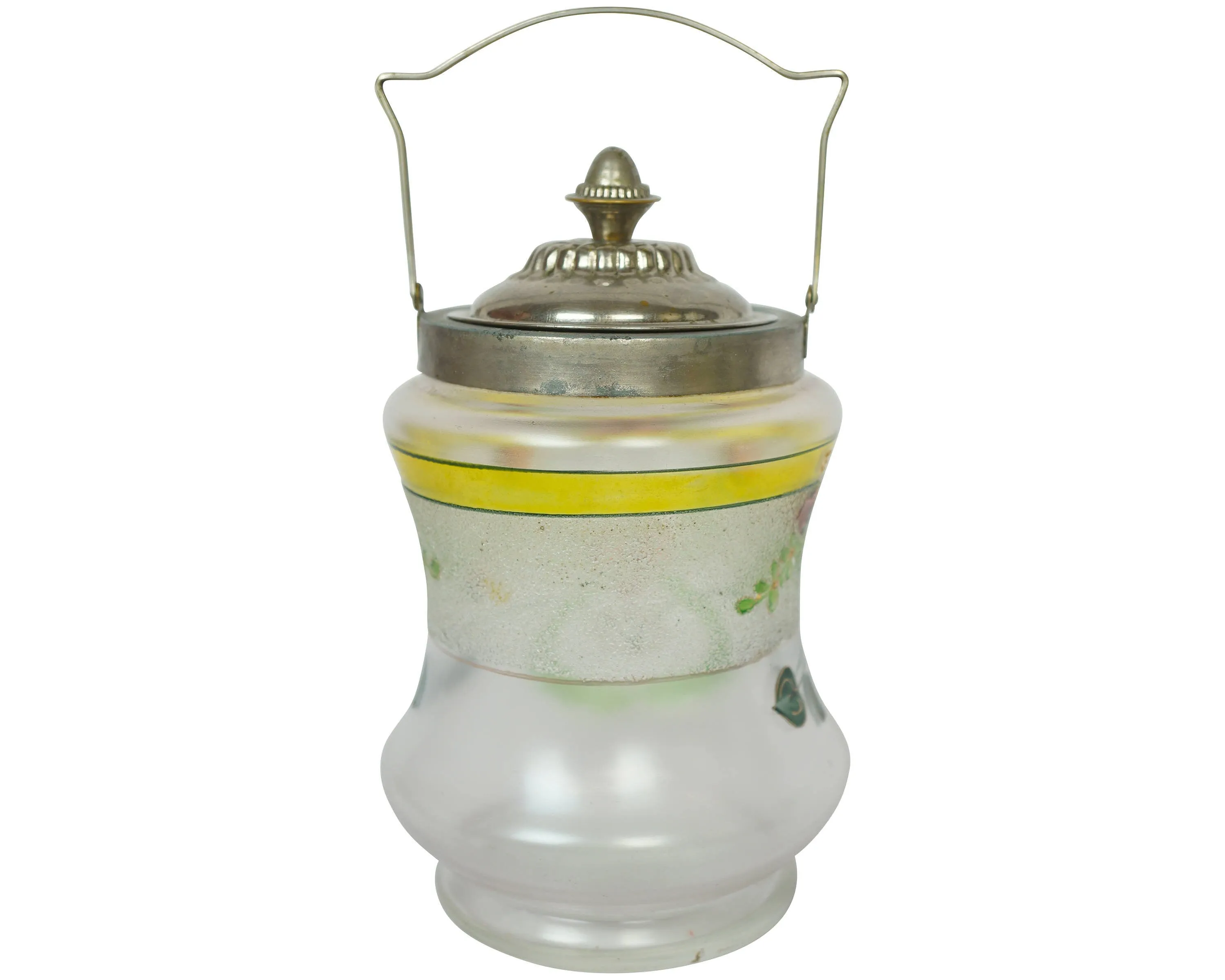 Antique Satin Glass Biscuit Barrel Floral Painted Cookie Jar