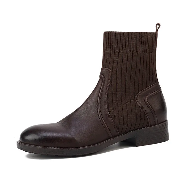 Classic Chelsea Boots Leather Stretch Boots Low Heel Round Toe Sock Boots in Brown/Black