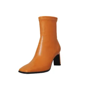 Classic Square Toe Sock Boots High Heel Stretch BootsElastic Leather Handmade Black/Brown/Green