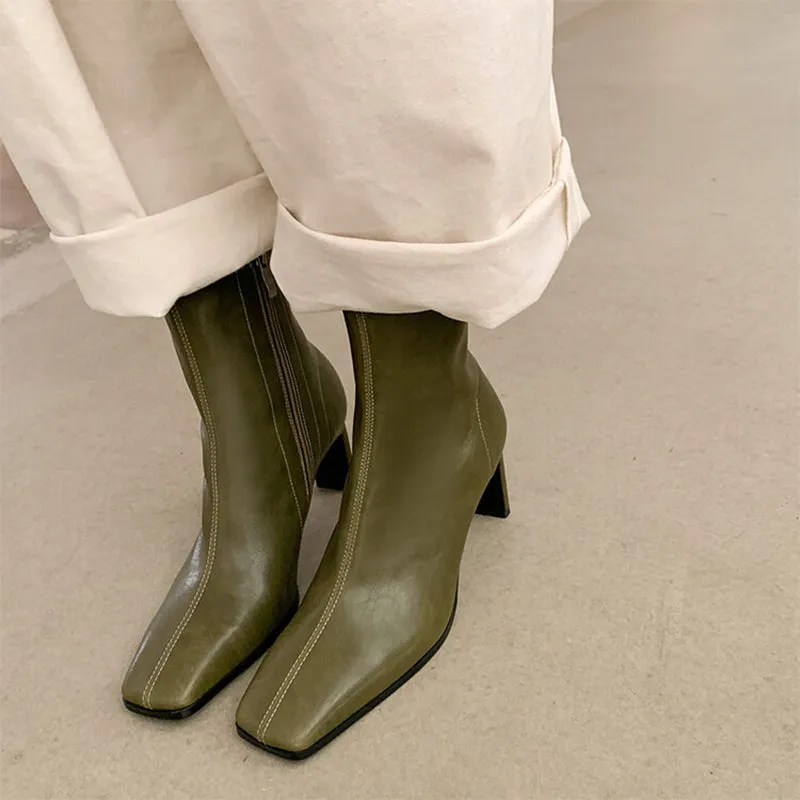 Classic Square Toe Sock Boots High Heel Stretch BootsElastic Leather Handmade Black/Brown/Green