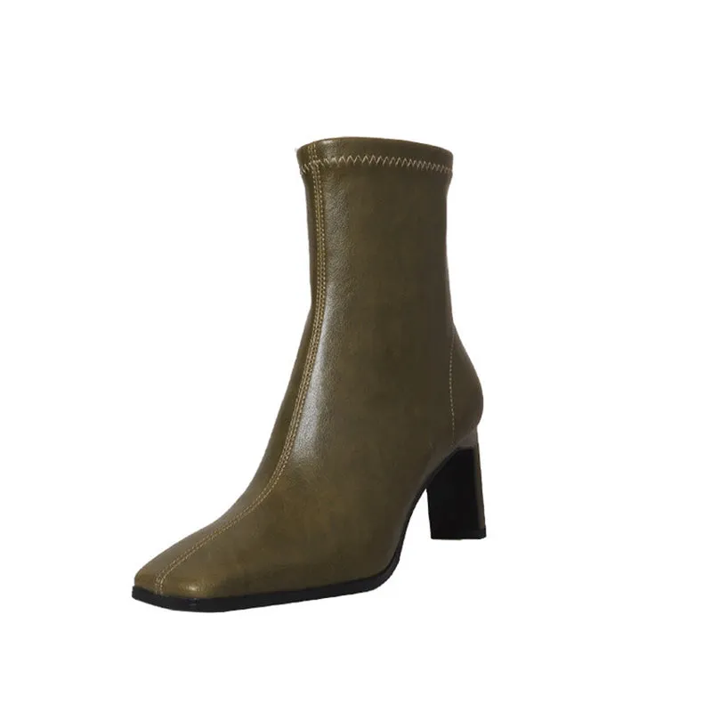 Classic Square Toe Sock Boots High Heel Stretch BootsElastic Leather Handmade Black/Brown/Green