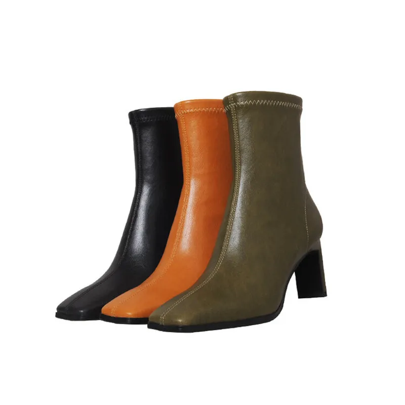 Classic Square Toe Sock Boots High Heel Stretch BootsElastic Leather Handmade Black/Brown/Green