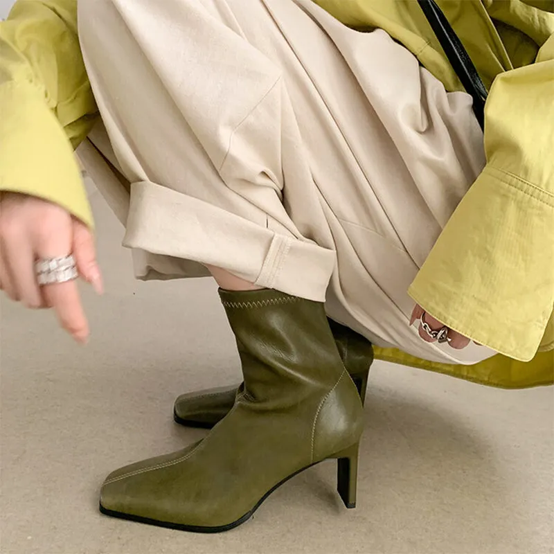 Classic Square Toe Sock Boots High Heel Stretch BootsElastic Leather Handmade Black/Brown/Green