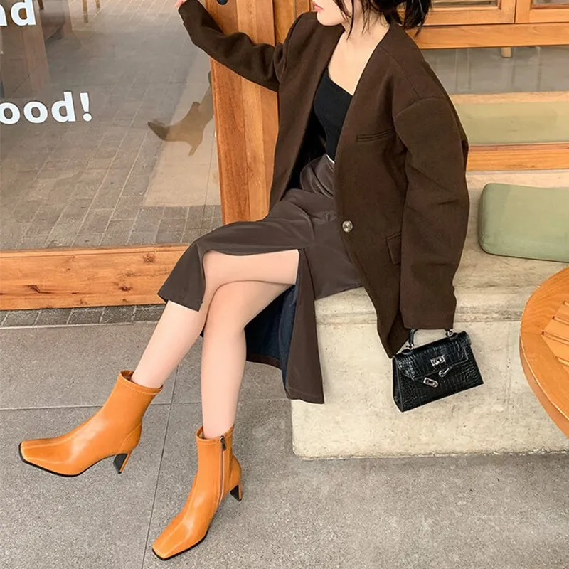 Classic Square Toe Sock Boots High Heel Stretch BootsElastic Leather Handmade Black/Brown/Green