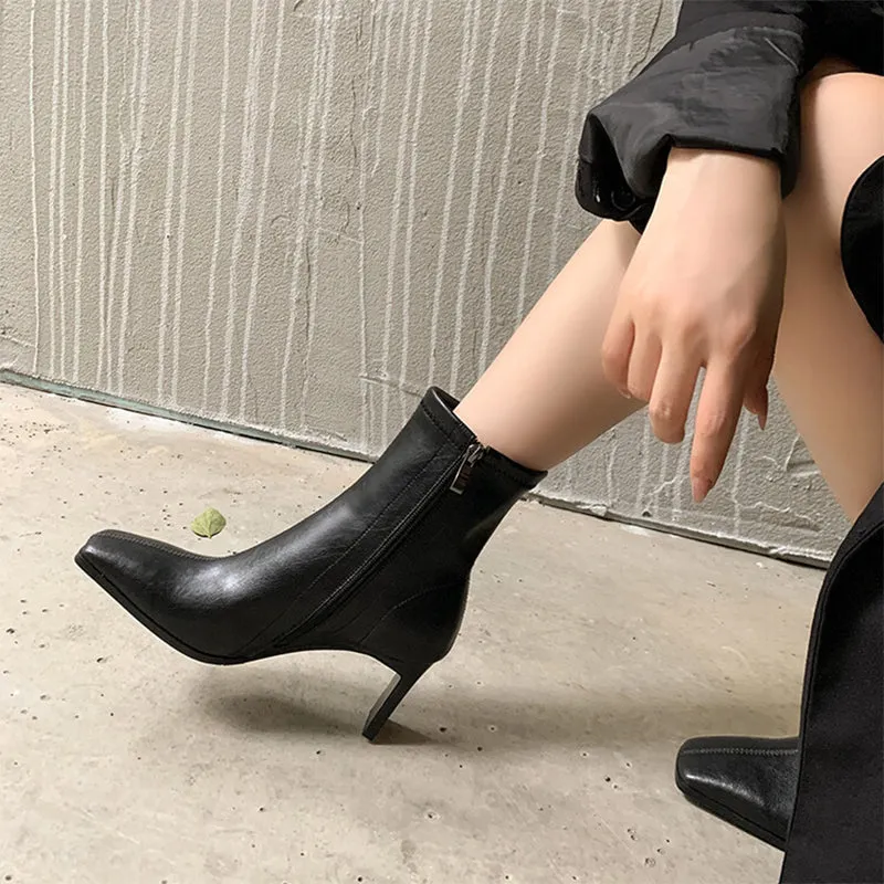 Classic Square Toe Sock Boots High Heel Stretch BootsElastic Leather Handmade Black/Brown/Green