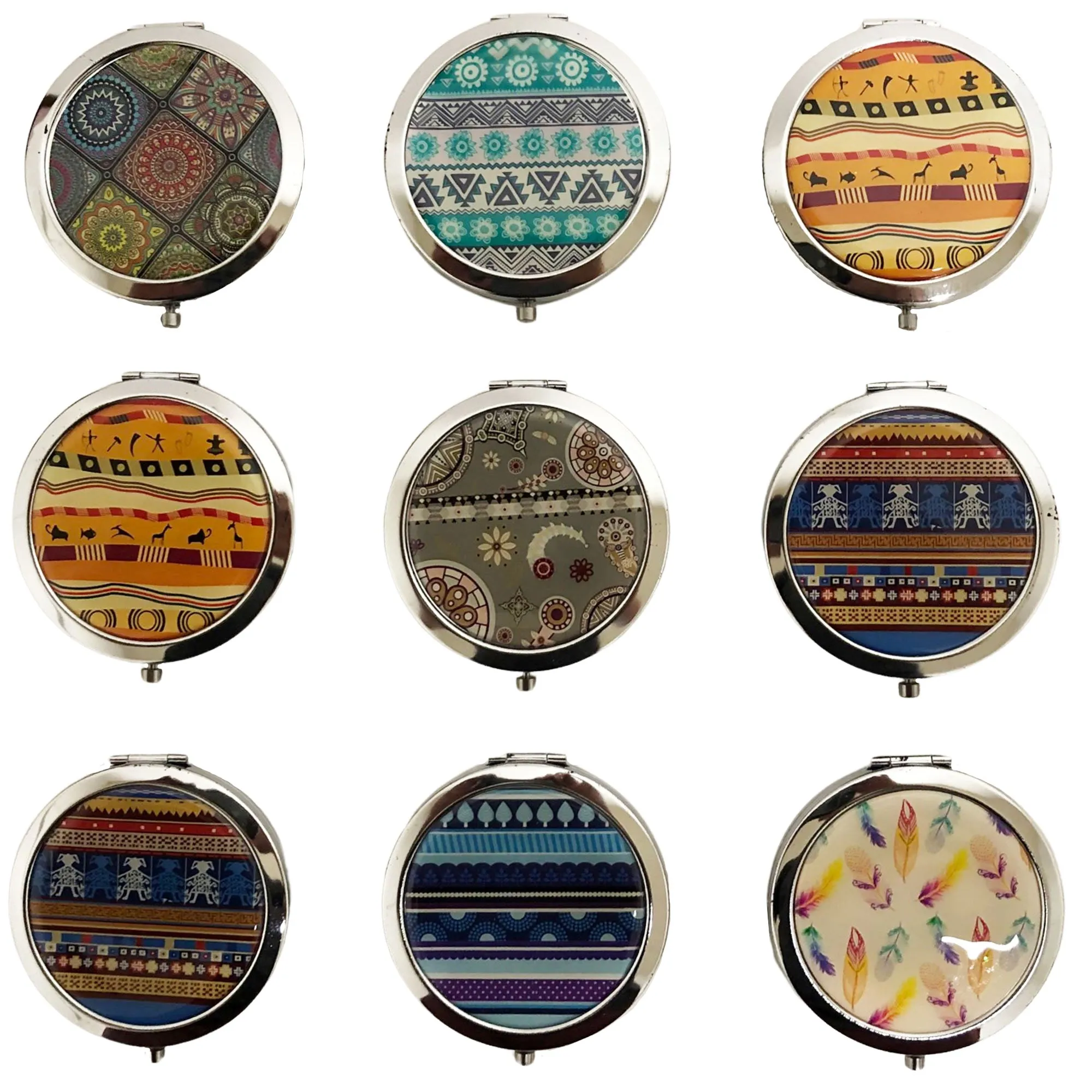 CLEARANCE COSMETIC MIRRORS ASST PRINTS (CASE OF 60 - $1.00 / PIECE)  Wholesale Round Cosmetic Mirrors National Prints SKU: 801-NATIONAL-60