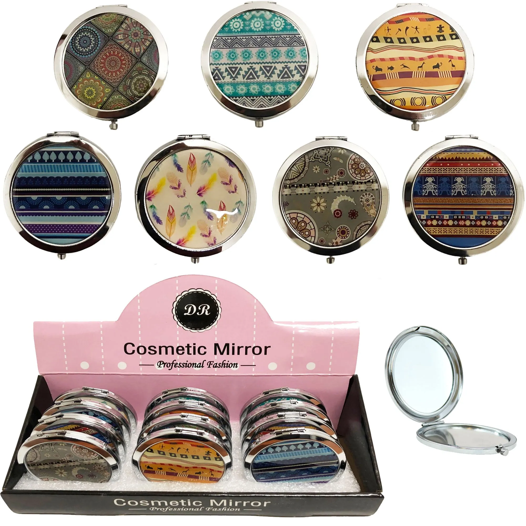 CLEARANCE COSMETIC MIRRORS ASST PRINTS (CASE OF 60 - $1.00 / PIECE)  Wholesale Round Cosmetic Mirrors National Prints SKU: 801-NATIONAL-60