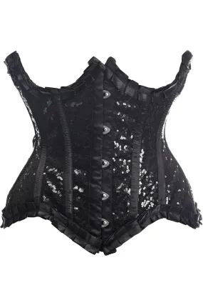 Deluxe Black Satin & Sequin Underwire Curvy Cut Steel Boned Waist Cincher Corset