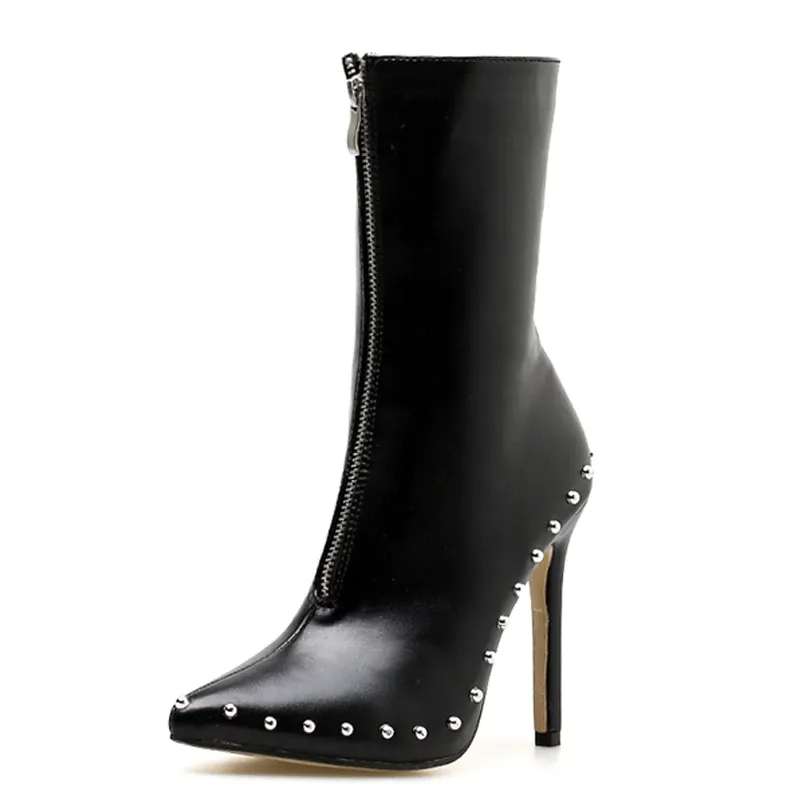 Elegant Pointed Toe Rivet Thin Heels Women Ankle Boots
