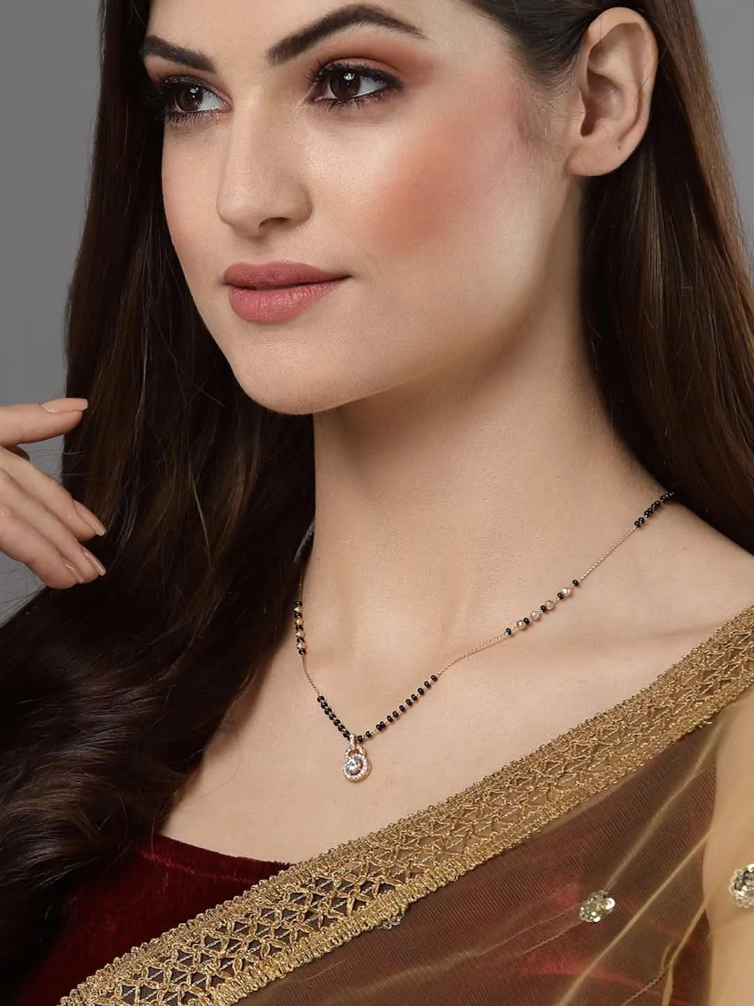Gold-Plated White AD-Studded & Black Beaded Mangalsutra