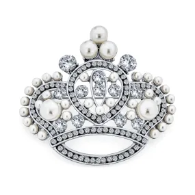 Large Vintage Fashion Crystal White Pearl Royal Queen Crown Brooch Pin
