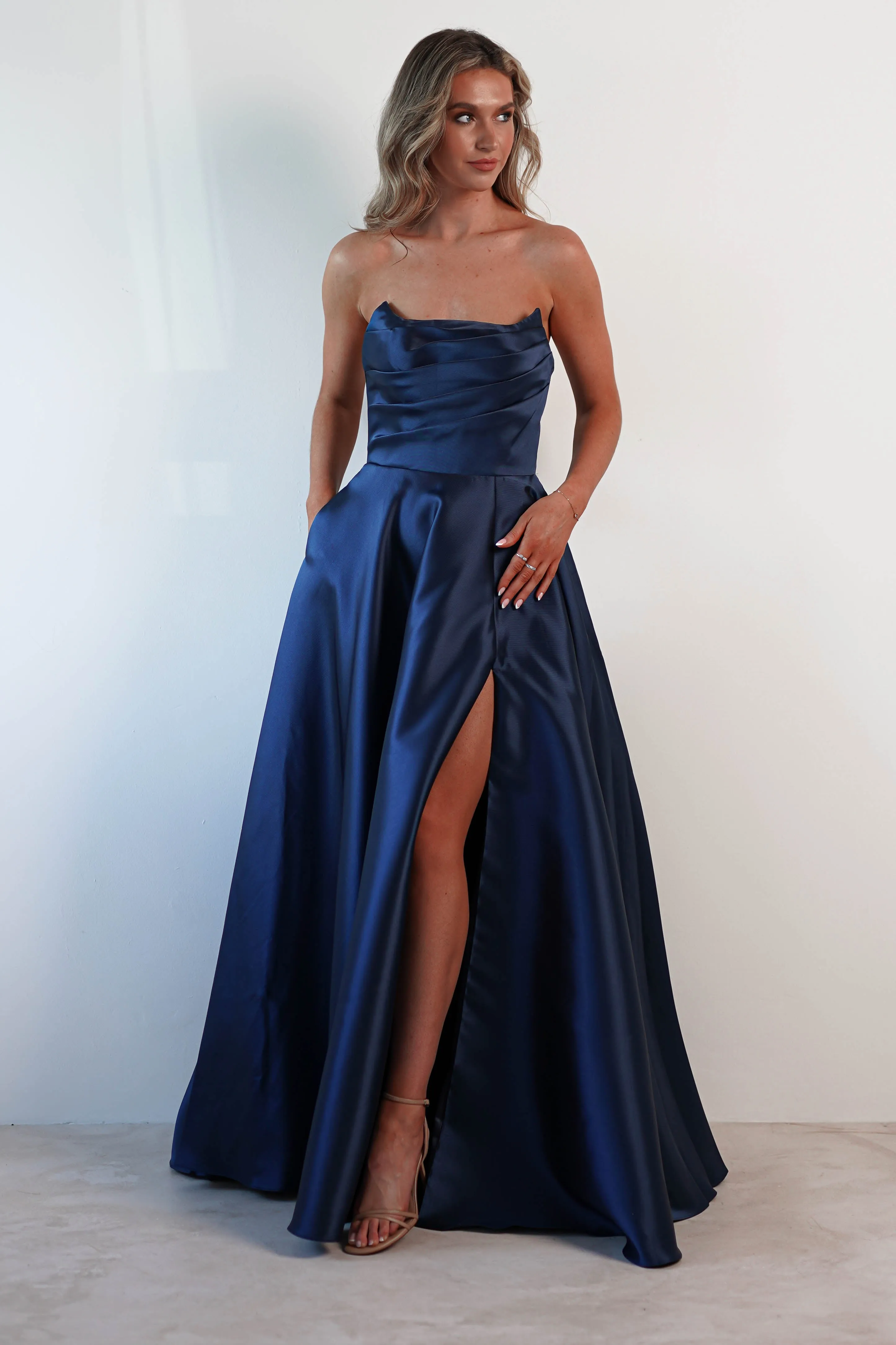 Miya Corset A-Line Satin Gown | Navy