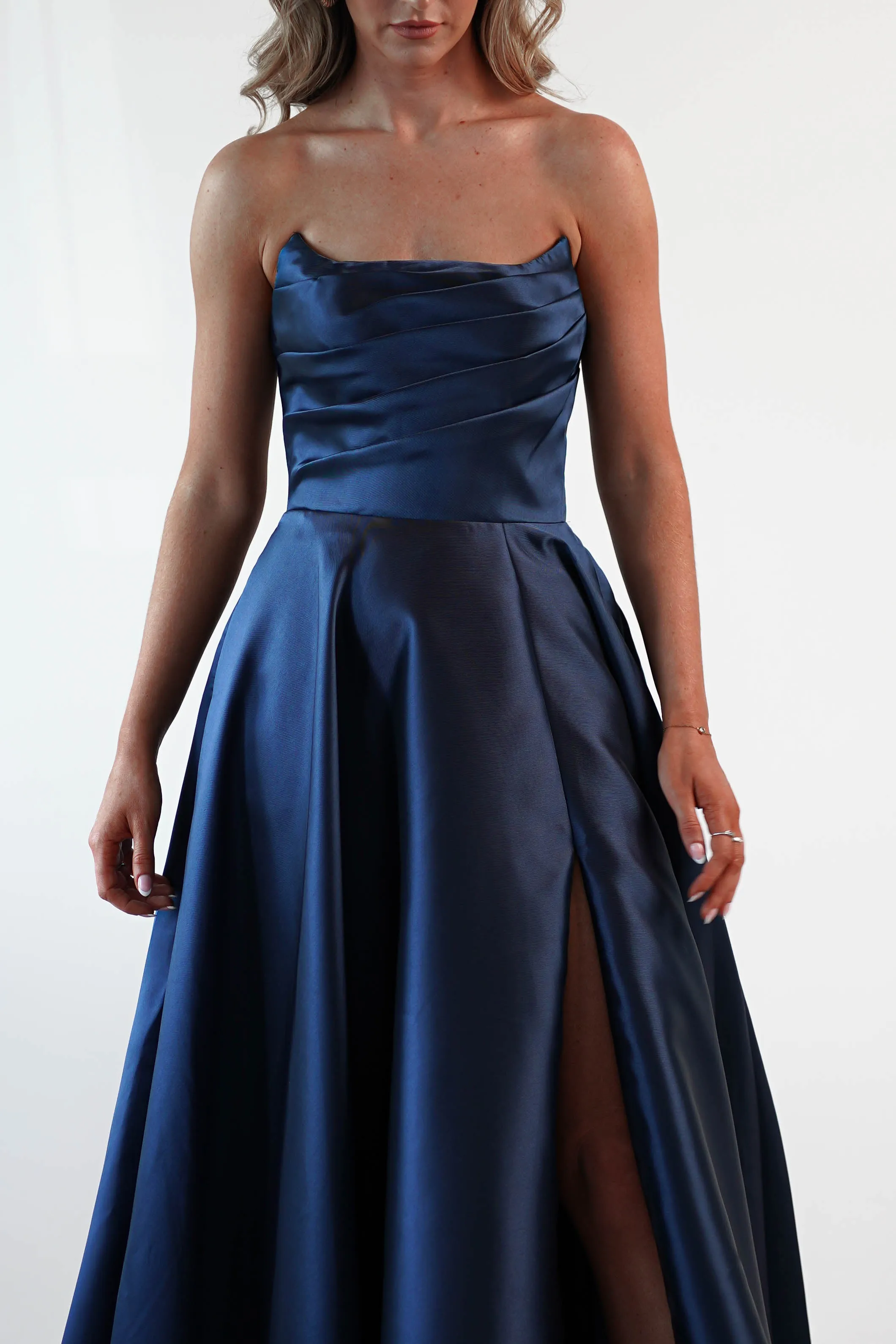 Miya Corset A-Line Satin Gown | Navy