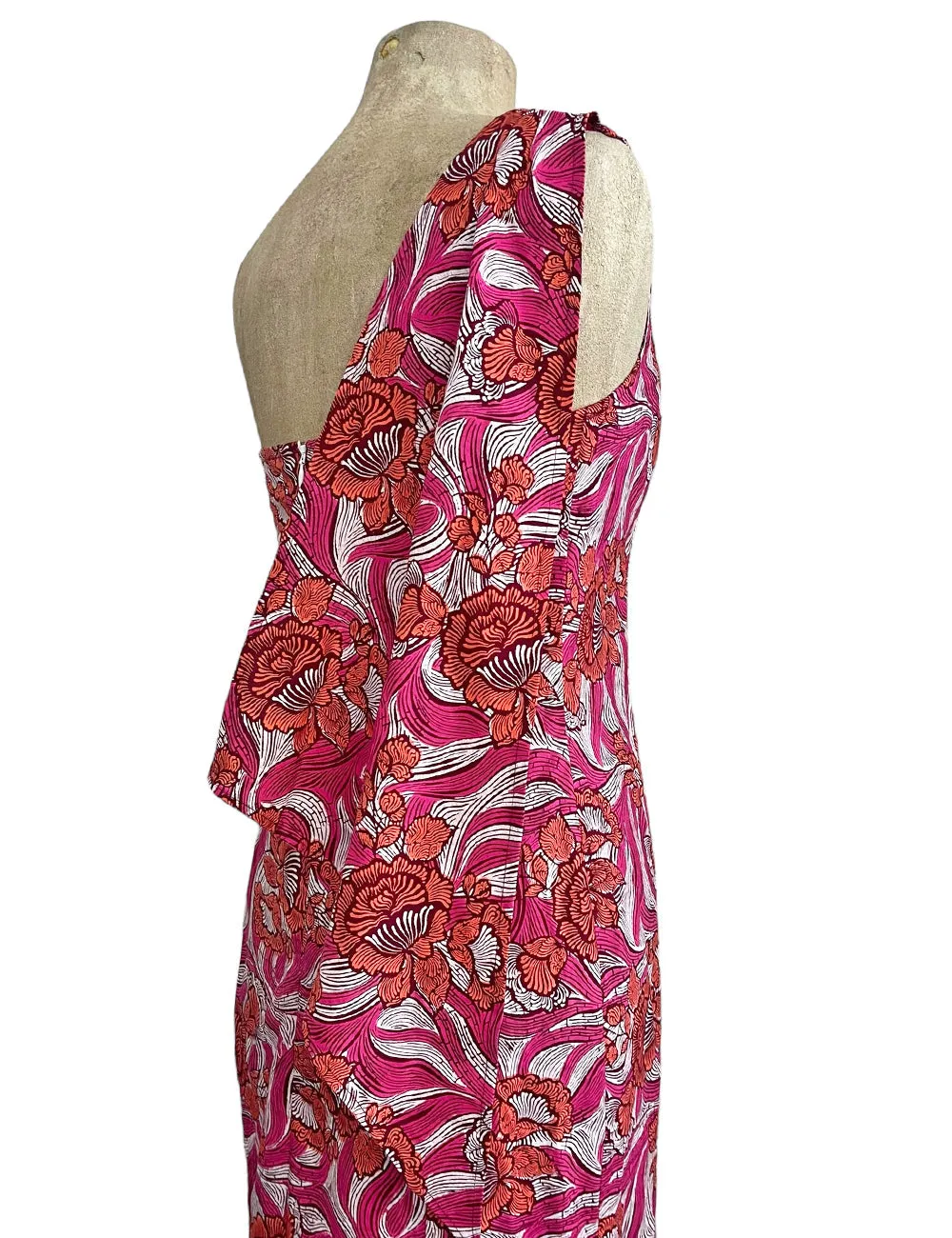 Pink & Orange Tiki Floral Print One Shoulder Luau Dress