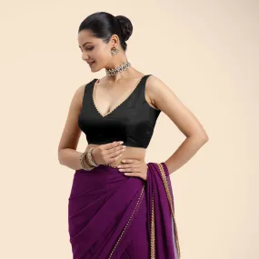 Raisa x Tyohaar | Charcoal Black Sleeveless FlexiFit™ Saree Blouse with V Neckline with Golden Gota Lace Embellishment and Back Cut-out with Tie-Up
