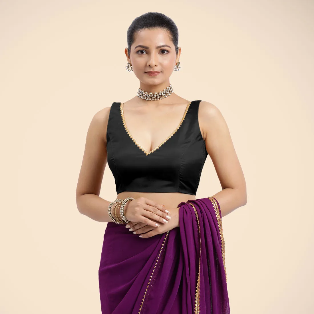 Raisa x Tyohaar | Charcoal Black Sleeveless FlexiFit™ Saree Blouse with V Neckline with Golden Gota Lace Embellishment and Back Cut-out with Tie-Up