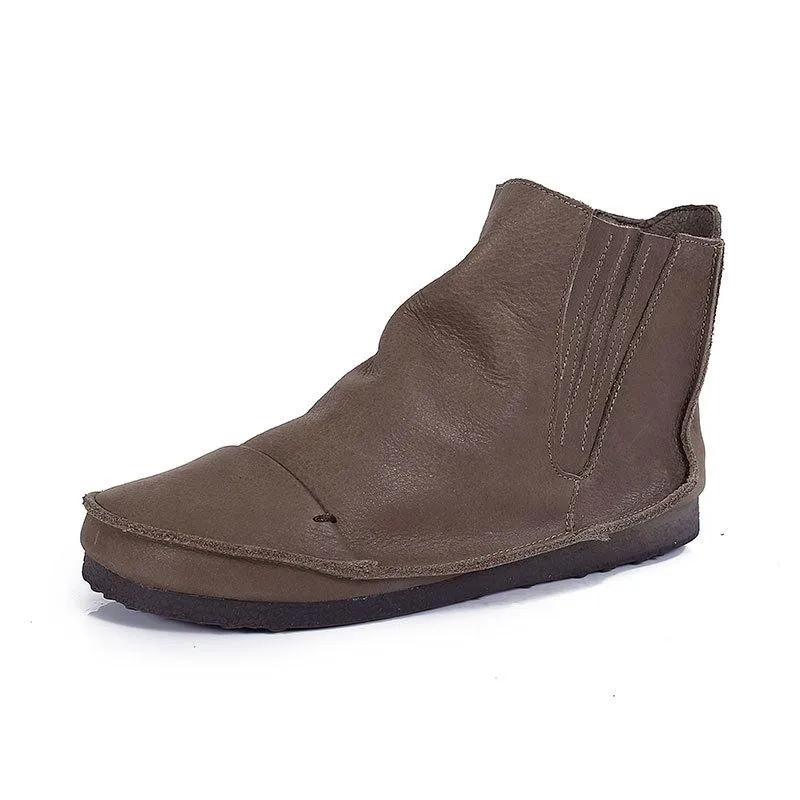 Retro Genuine Leather Soft Flat Boots For Women Round Toe Boots in Khaki/Coffee