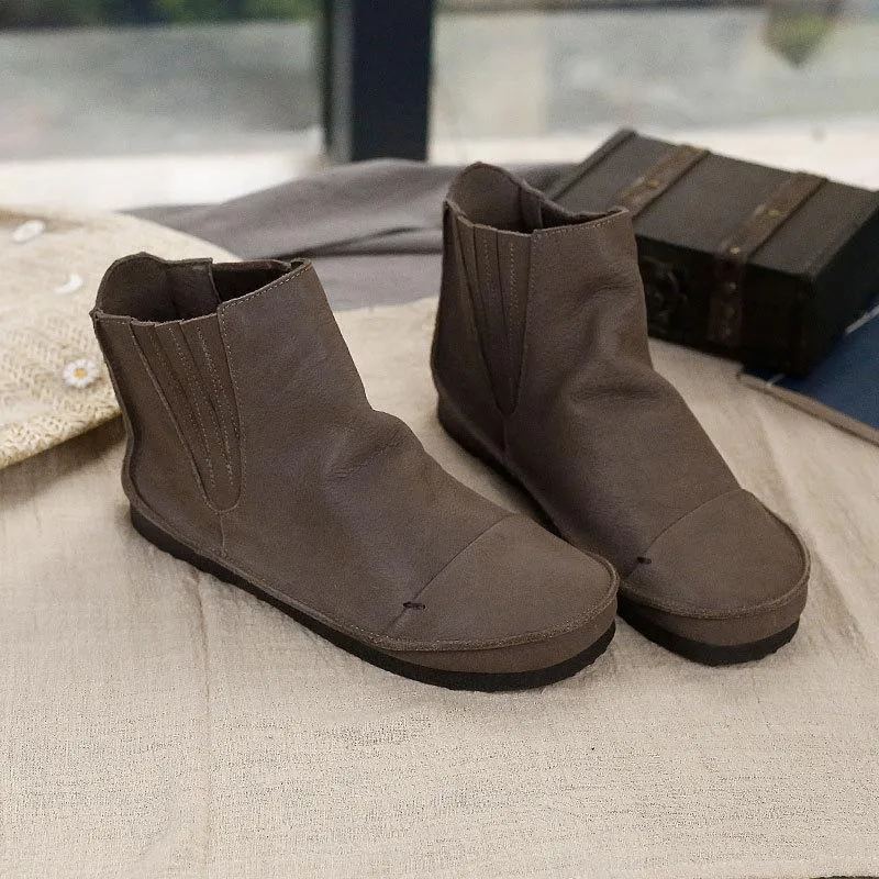 Retro Genuine Leather Soft Flat Boots For Women Round Toe Boots in Khaki/Coffee
