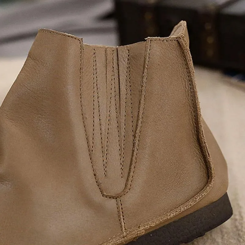 Retro Genuine Leather Soft Flat Boots For Women Round Toe Boots in Khaki/Coffee