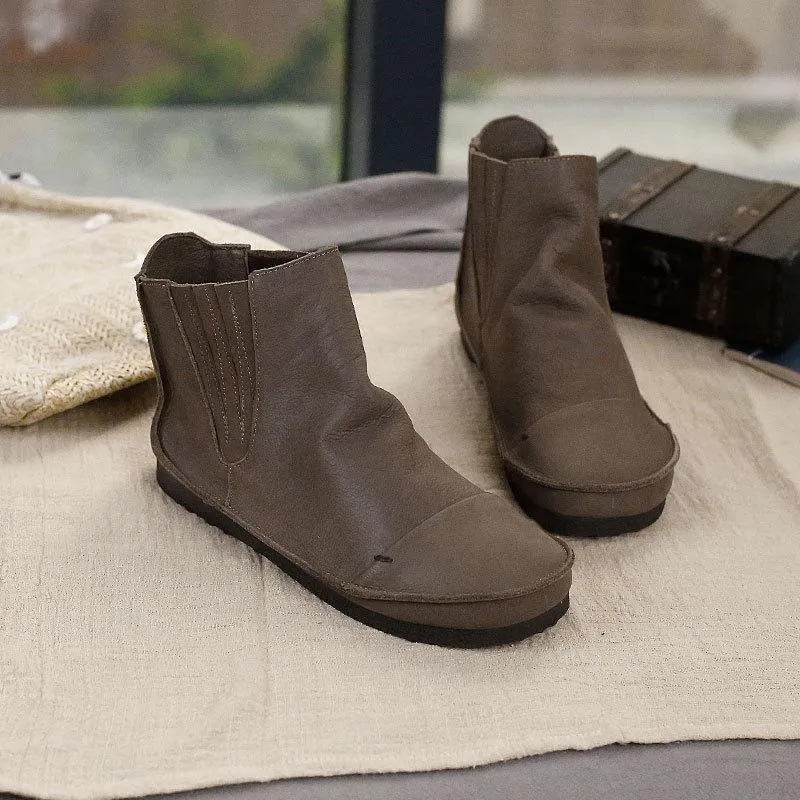 Retro Genuine Leather Soft Flat Boots For Women Round Toe Boots in Khaki/Coffee