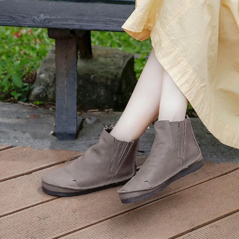 Retro Genuine Leather Soft Flat Boots For Women Round Toe Boots in Khaki/Coffee