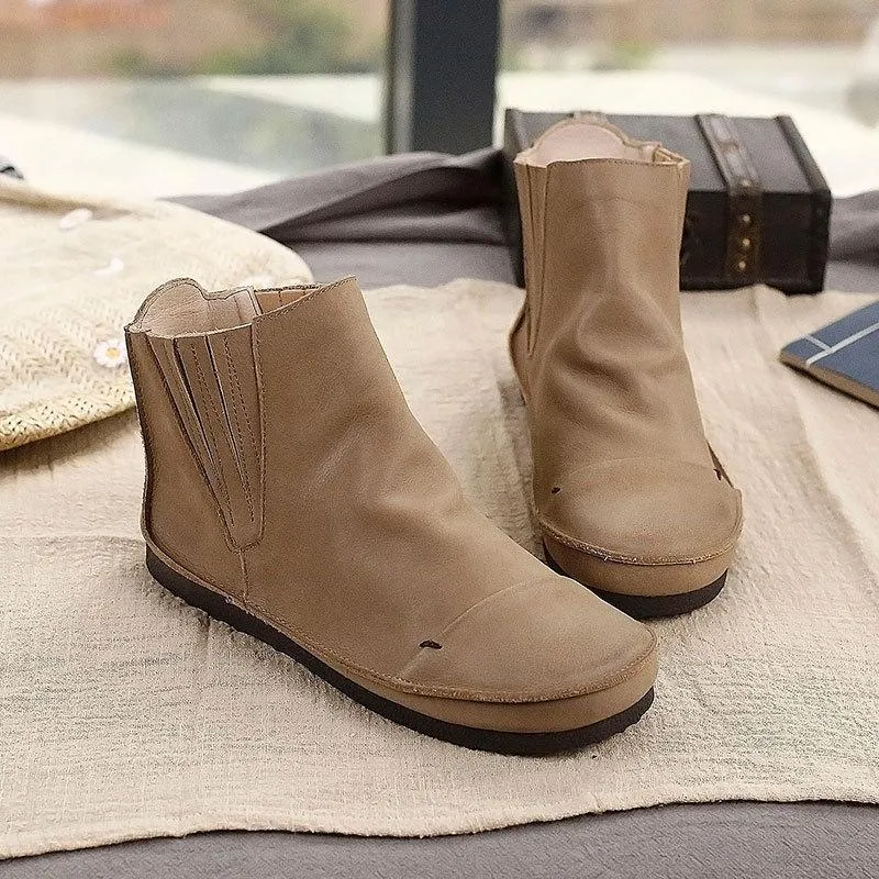 Retro Genuine Leather Soft Flat Boots For Women Round Toe Boots in Khaki/Coffee