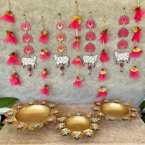 Urli & Pichwai Cow Lotus & Frills Wall Decor  (Set of 12) - Festive Decoration Wall Hanging