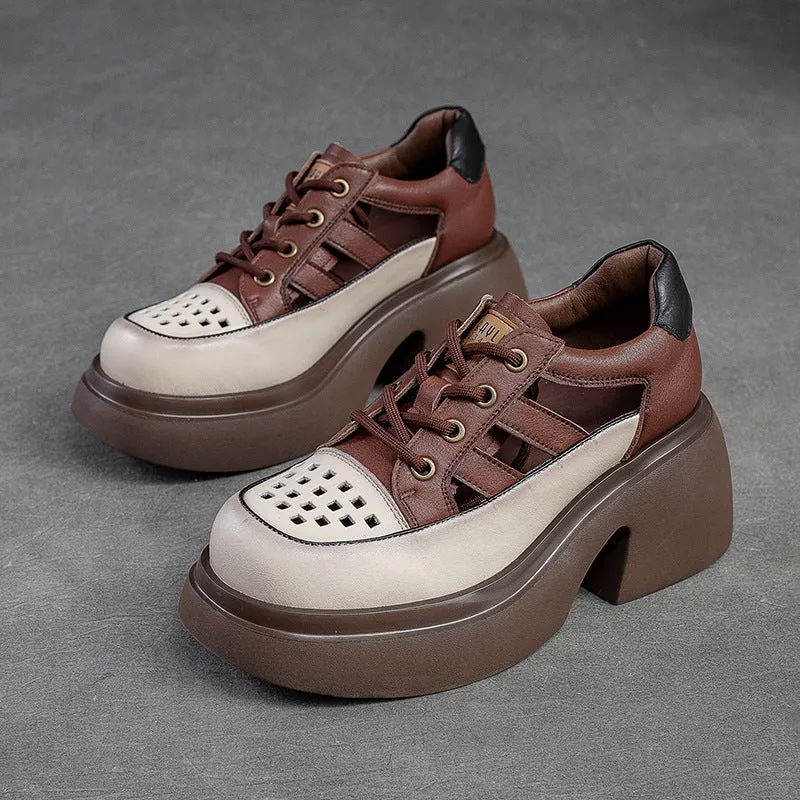 Women Summer Hollow Leather Chunky Heel Sandals