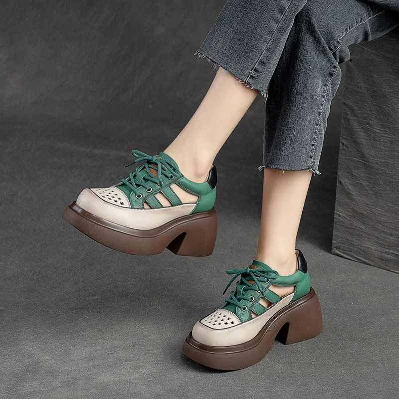 Women Summer Hollow Leather Chunky Heel Sandals