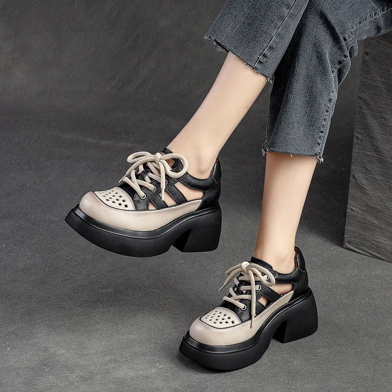 Women Summer Hollow Leather Chunky Heel Sandals
