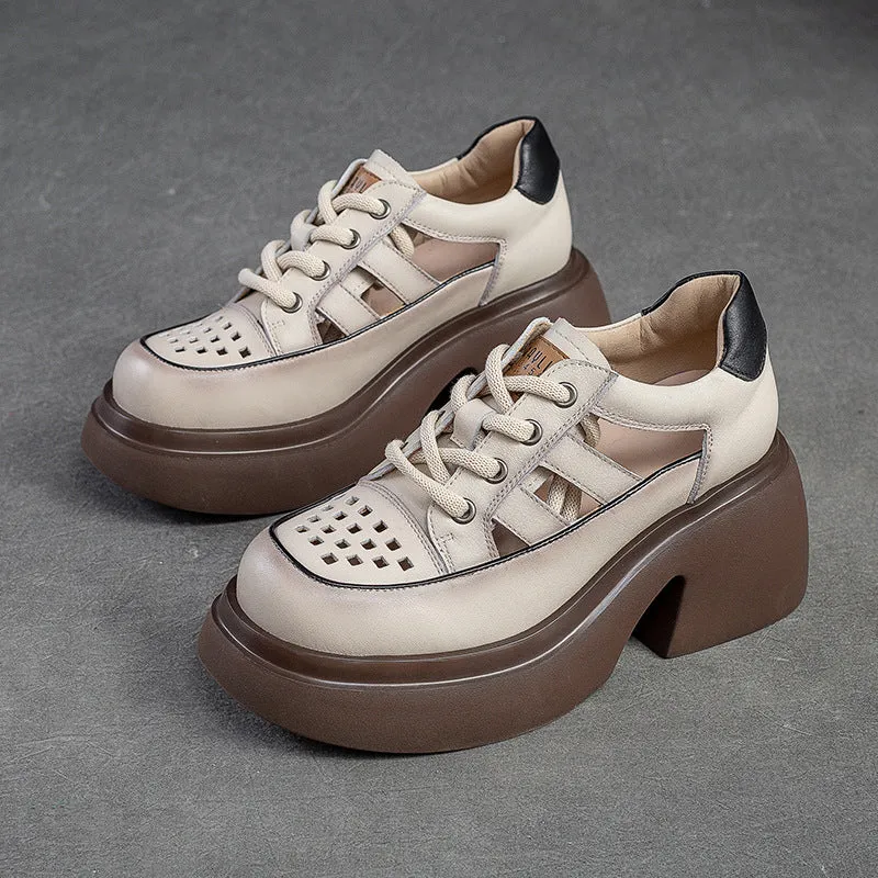 Women Summer Hollow Leather Chunky Heel Sandals