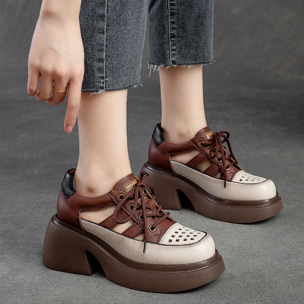 Women Summer Hollow Leather Chunky Heel Sandals