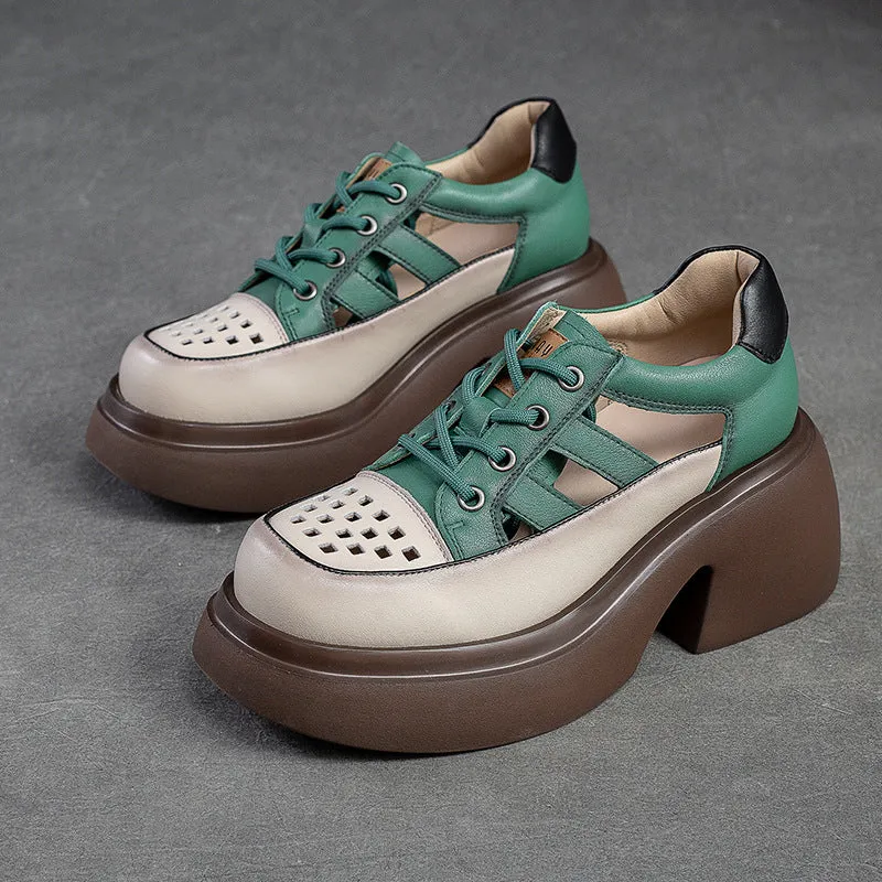 Women Summer Hollow Leather Chunky Heel Sandals