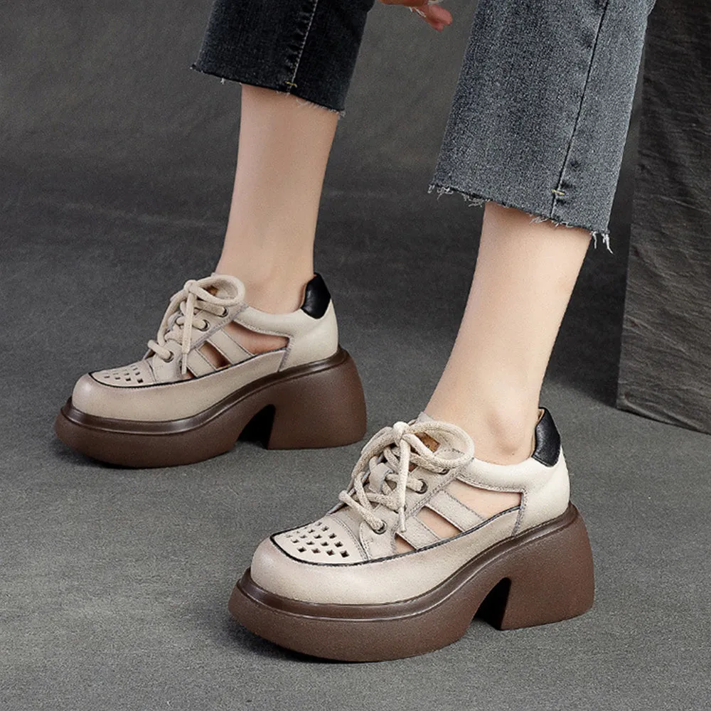 Women Summer Hollow Leather Chunky Heel Sandals
