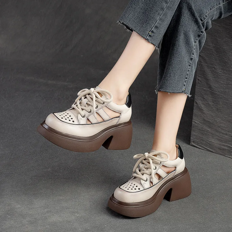 Women Summer Hollow Leather Chunky Heel Sandals