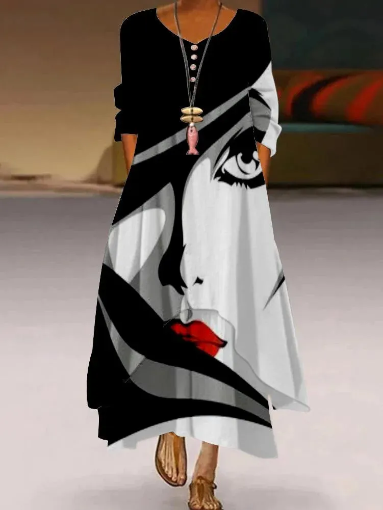Women's Elegant Party & Evening Wear with High Waist and Long Sleeves - Print Maxi Dress