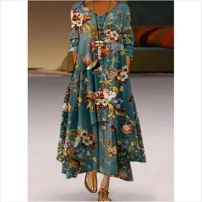 Women's Elegant Party & Evening Wear with High Waist and Long Sleeves - Print Maxi Dress