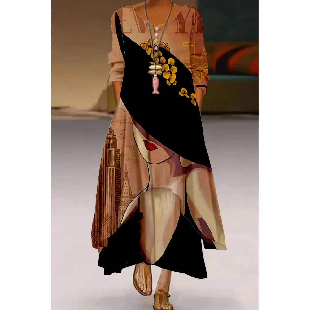 Women's Elegant Party & Evening Wear with High Waist and Long Sleeves - Print Maxi Dress