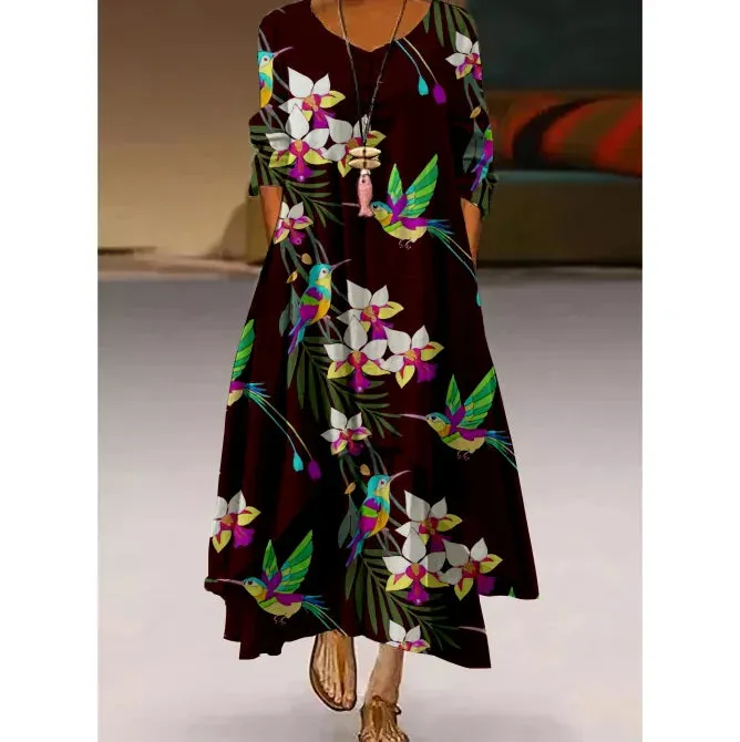 Women's Elegant Party & Evening Wear with High Waist and Long Sleeves - Print Maxi Dress