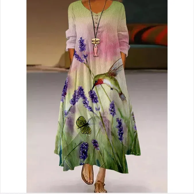 Women's Elegant Party & Evening Wear with High Waist and Long Sleeves - Print Maxi Dress