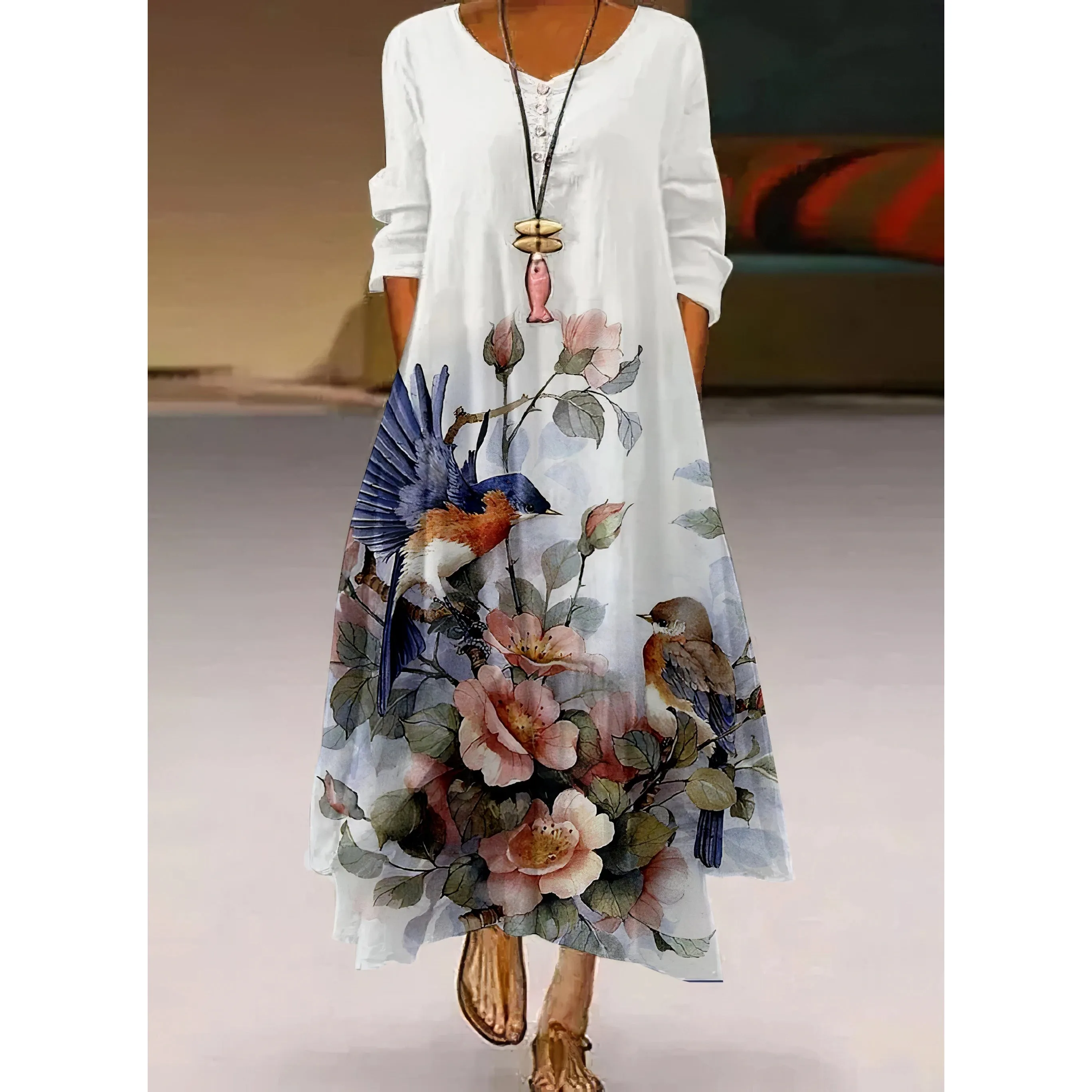 Women's Elegant Party & Evening Wear with High Waist and Long Sleeves - Print Maxi Dress