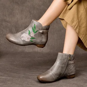 Women's Genuine Leather Chelsea Boots With Embroidery Flowers in Gray